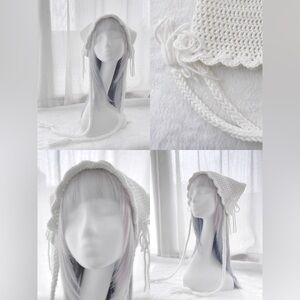 Handmade White Crochet Bonnet Cat Ear Hat
